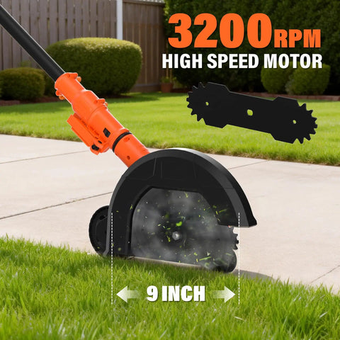 Lawn Edger With 9-Inch Cutting Width, Cordless Convenience trimming grass with 3200 RPM motor near sidewalk edge