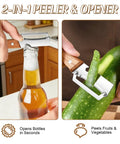 All In One Vegetable Peeler With Wooden Handle And Wide Stainless Steel Blade Perfect For Potatoes And Carrots 3 In 1 Peeler With Scallion Shredder And Bottle Opener shown peeling a zucchini and opening a bottle.