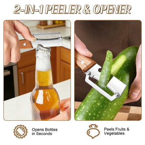 All In One Vegetable Peeler With Wooden Handle And Wide Stainless Steel Blade Perfect For Potatoes And Carrots 3 In 1 Peeler With Scallion Shredder And Bottle Opener shown peeling a zucchini and opening a bottle.