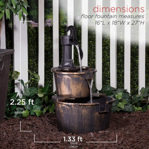 Rustic Two Tier Barrel Outdoor Water Fountain With Chill Cascading Flow For Patio Yard Porch Or Landscape Bronze Finish 27 Inch Tall