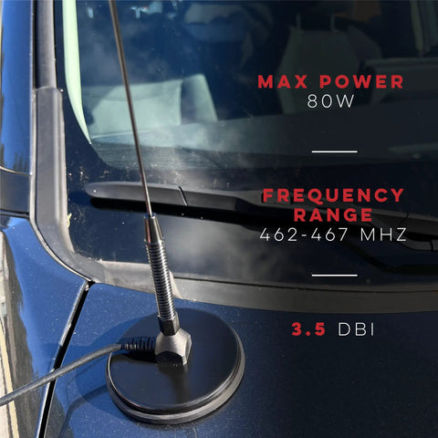 UT-72G 19 Inch Magnetic Mount GMRS Antenna Kit on car hood, with heavy duty cable and rare-earth magnet base, 462MHz ready