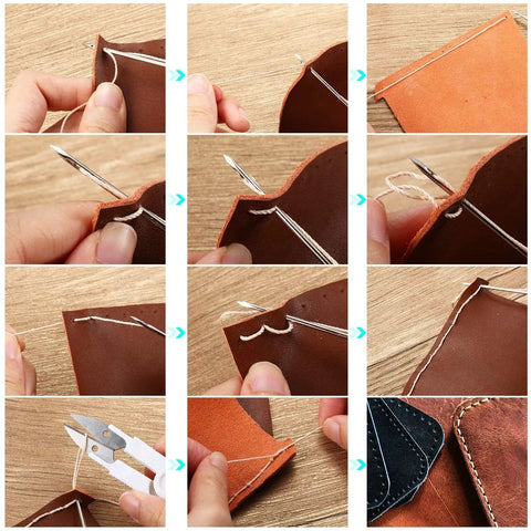 Handy Sewing Awl Kit For Leather Stitching, Portable All-In-One Tool Set With 7 Straight Needles shown stitching leather