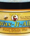 Real Deal Food Grade Beeswax Wood Polish And Cutting Board Wax, Nine Oz jar of food grade wax with yellow label for preservation.