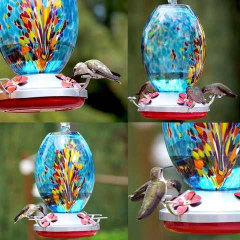 Blown Glass Hummingbird Feeder With 27 Oz Capacity For Outdoor Garden Decor Includes Ant Moat And Cleaning Brush Blue Fireworks Accent A Mom Friendly Gift For Women And Nature Lovers The Go To Backyard Bird Watching Accessory.