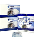 Kinship CPAP mask wipes set: two blue canisters and two boxed unscented wipe packs, 150 total