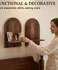 Set Of Two Boho Floating Wall Shelves For Cool Room Vibes And Rustic Display Space Featuring Dead Easy Mounting And Premium Solid Craftsmanship To Truly Level Up Your Decor Game, showcasing use with decor items.