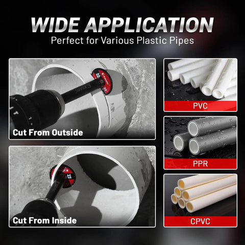 Wide application of Inside Pipe Cutter For PVC Pipes With Diamond Grit Blades That Last Ten Times Longer, two views showing cutting options.