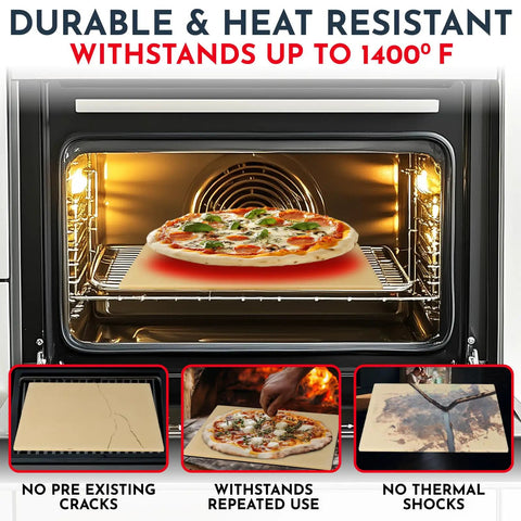 Game Changing Pizza Stone Set For Oven And Grill 15 By 12 Inches Three Piece Baking Stones in oven with a pizza.