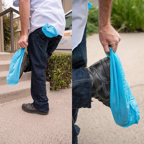 Man putting on Disposable Boot And Shoe Covers 200 Pack Non Slip Durable For Indoor And Outdoor Use Fits Most US Men And Women Size