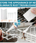 White Dishwasher Rack Repair Kit 1.7oz Coating With Rust Touch Up Paint, showing brushes, nozzles, scraper, sander in use on rack