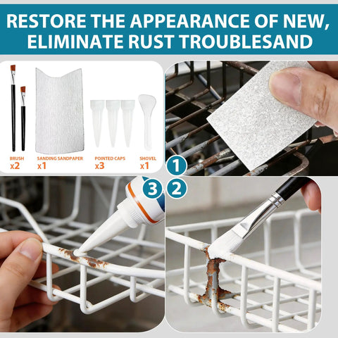 White Dishwasher Rack Repair Kit 1.7oz Coating With Rust Touch Up Paint, showing brushes, nozzles, scraper, sander in use on rack