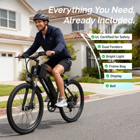 Person riding 26 Inch Fat Tire Electric Bike With 750W Peak Motor 20 MPH Top Speed Up To 40 Mile Range For Trail And City Cruisin