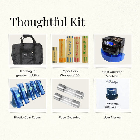 Aifieego High Speed Coin Counter Sorter And Wrapper Machine For US Dollars kit including handbag, paper wrappers, tubes, fuse, and manual.