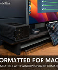 Heavy Duty 48TB Thunderbolt Three Desktop Raid Storage Array With Enterprise 7200RPM Drives Dual Port Daisy Chain And Blazing Speeds For Serious Creators Built Tough on desk with monitor.