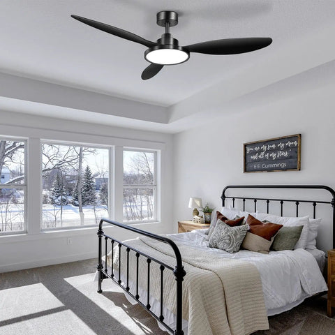 52 Inch Black Ceiling Fan With Light And Remote Control in modern bedroom setting