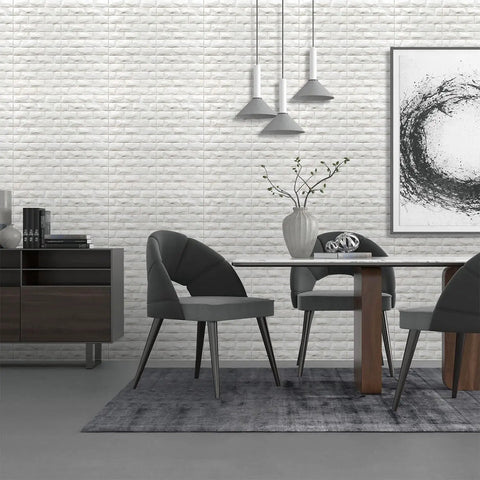 Modern dining room with Peel And Stick 3D Foam Brick Wall Panels White 30 Pack Self Adhesive Faux Stone Wallpaper for decor