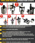Pro Grade Bicycle Bearing Puller Kit With Two Jawed Extractor And Bearing Press operation steps diagram