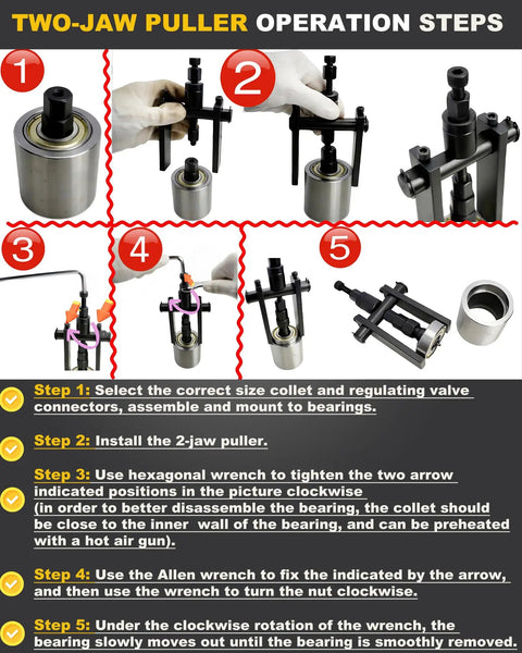 Pro Grade Bicycle Bearing Puller Kit With Two Jawed Extractor And Bearing Press operation steps diagram