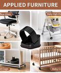 5 Pack Office Chair Wheel Stoppers Cushioned Caster Cups With Felt Bottom Pads For Hardwood Floors And Carpets To Prevent Scratches, Universal Fit For Most Chairs, Black, showing use on different furniture including office chair, baby high chair, pet cage, and baby crib.