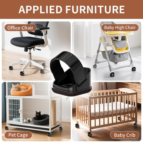 5 Pack Office Chair Wheel Stoppers Cushioned Caster Cups With Felt Bottom Pads For Hardwood Floors And Carpets To Prevent Scratches, Universal Fit For Most Chairs, Black, showing use on different furniture including office chair, baby high chair, pet cage, and baby crib.