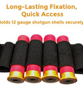 Close-up of Shotgun Shell Holder With 56 Hole Tactical Shoulder Strap holding 12 gauge red shells, black nylon design.