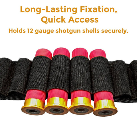 Close-up of Shotgun Shell Holder With 56 Hole Tactical Shoulder Strap holding 12 gauge red shells, black nylon design.
