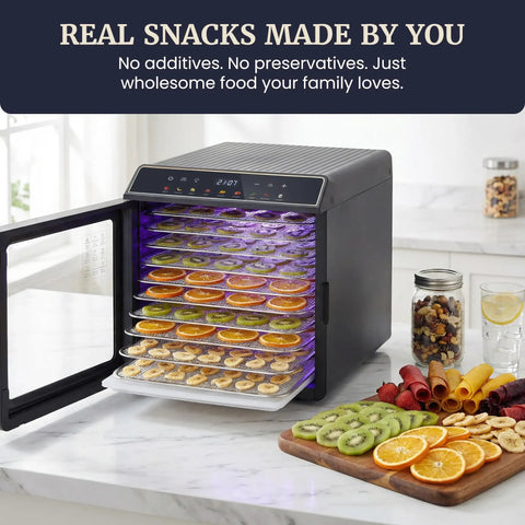 Amp Up Your Snack Game With This Solid 10 Tray Stainless Steel Digital Food Dehydrator showcasing dried fruit slices.