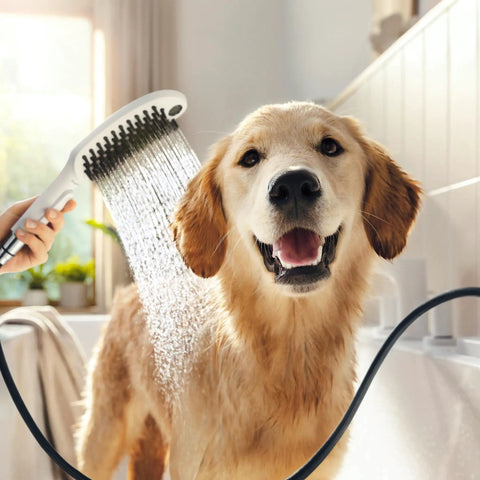 Golden retriever being rinsed with DogShower 150 3-Jet Handheld Dog Bath Bundle With Hose White 1.75 GPM Easy Grip