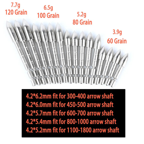 Archery Field Points Set 24 Pcs 60 80 100 120 Grain Insert Tips For 4.2mm Shafts shown in various grain weights.