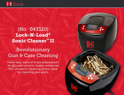 Top Shelf 80 Watt Heated Ultrasonic Case Cleaner 2 Liter Tank on workbench, cleaning brass gun parts with heat.