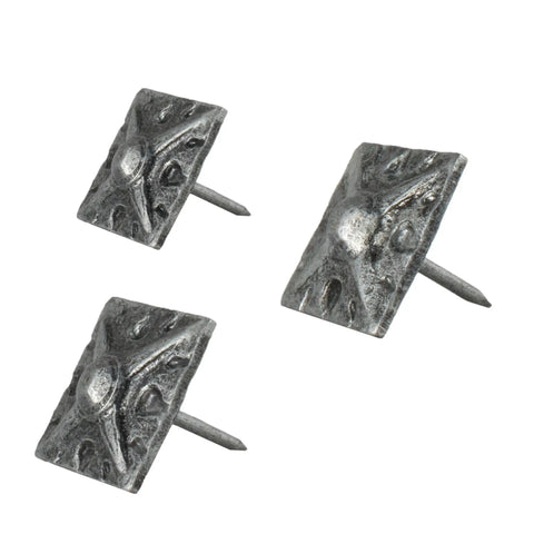 Heavy Duty Square Upholstery Nails Crafted From Solid Steel With Rich Pewter Finish showing three decorative tacks.