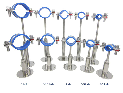 Amazon stainless steel adjustable pipe clamp brackets for 1-inch pipe; wall/ceiling mounts, screws included, blue clamps.