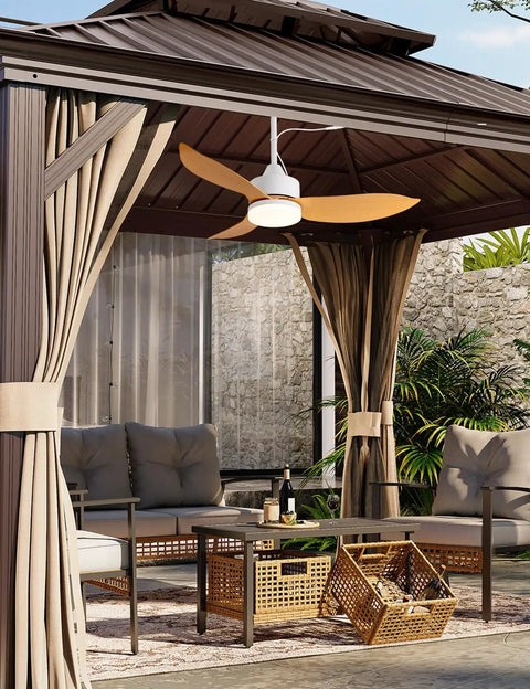 Outdoor Plug In Gazebo Ceiling Fan With Light And Hook IP65 Waterproof Wet Rated Patio Ceiling Fan In Wood Grain Finish