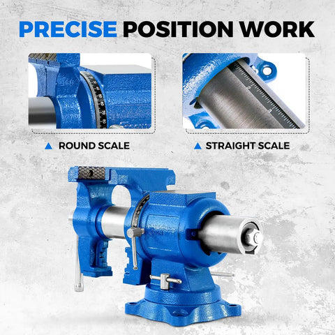 Heavy Duty 5 Inch Bench Vise With Ductile Iron Body 360 Degree Swivel Anvil 4000 Kg Clamp Blue Finish shown with scales