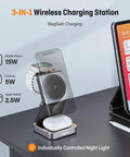 3 In 1 Magnetic Wireless Charger Station Foldable With Light For Apple Magnetic Charger Travel Stand Nightstand Dock Fast 15W Wireless Charging Includes 20W Power Adapter in use with devices displayed on desk