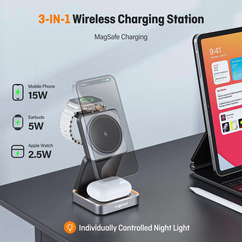 3 In 1 Magnetic Wireless Charger Station Foldable With Light For Apple Magnetic Charger Travel Stand Nightstand Dock Fast 15W Wireless Charging Includes 20W Power Adapter in use with devices displayed on desk