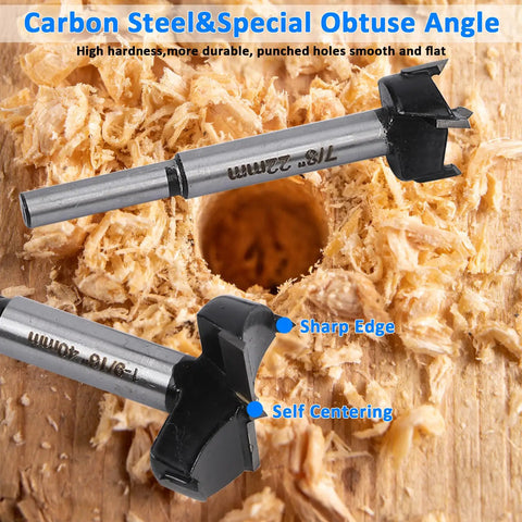 Heavy Duty 5 Piece Forstner Bit Set Premium Carbon Steel Woodworking Drill Bits on wood shavings, showing sharp edge and center.