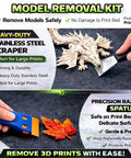 Must Have Pro Grade All In One 46 Piece 3D Printer Tools Kit For FDM And Resin Printers With Nozzle Cleaner Removal Tools Deburring Files Flush Cutters Pliers Tweezers And More For Fast Cleanup Finishing And Post Processing showing stainless steel scraper and precision razor spatula.
