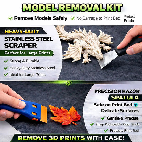 Must Have Pro Grade All In One 46 Piece 3D Printer Tools Kit For FDM And Resin Printers With Nozzle Cleaner Removal Tools Deburring Files Flush Cutters Pliers Tweezers And More For Fast Cleanup Finishing And Post Processing showing stainless steel scraper and precision razor spatula.
