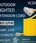 Heavy Duty Outdoor Extension Cord With Multiple Outlets, 12 Gauge 3 Prong SJTW, UL Listed, coiled yellow cable, lighted plug.