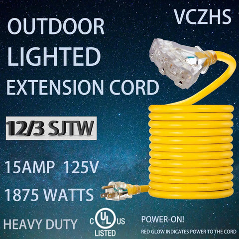 Heavy Duty Outdoor Extension Cord With Multiple Outlets, 12 Gauge 3 Prong SJTW, UL Listed, coiled yellow cable, lighted plug.