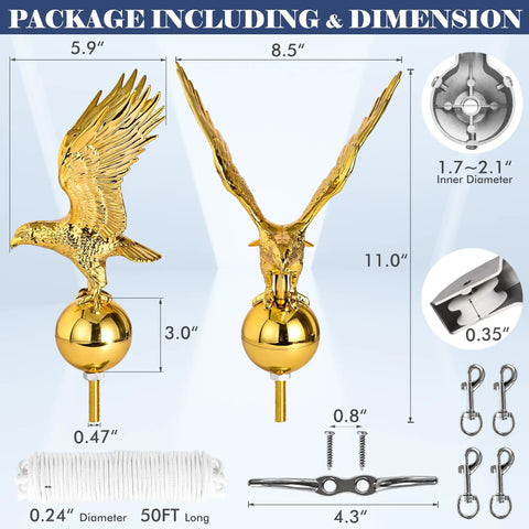 Top Tier Gold Bald Eagle Flag Pole Topper With Heavy Duty Hardware Kit 11 Inch, detailed dimensions and included accessories.