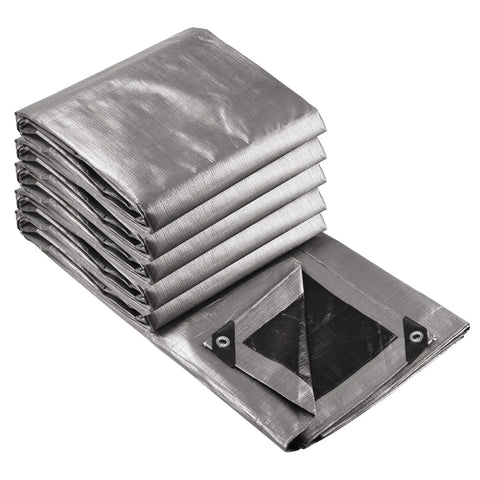 Heavy Duty 20x30 Ft Waterproof Tarp With Eyelets Reversible Tear Resistant Shade Canopy folded silver and black finish