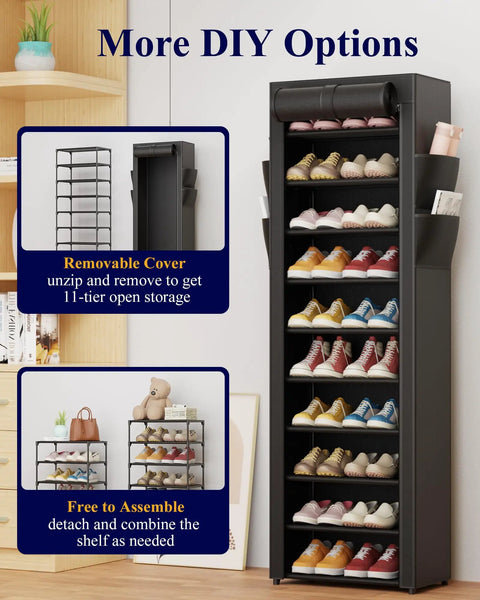 Heavy Duty 10 Tier Shoe Rack With Cover Saves Serious Floor Space In The Entryway Or Mudroom Adjustable Shelves visible with shoes organized.