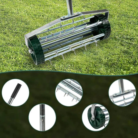 57 Inch Push Spike Lawn Aerator Roller with One Point Four Inch Galvanized Steel Spikes for deep soil aeration, shown on grass.