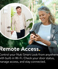 Image of a woman using a smartphone to control her Slick Smart Deadbolt Lock With Keyless Entry, No Sweat App Control, Auto Lock, Fingerprint And Passcode Access, Alexa And Google Compatible, Straight Up Quick Install No Drilling.