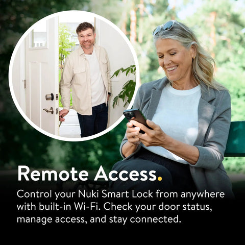 Image of a woman using a smartphone to control her Slick Smart Deadbolt Lock With Keyless Entry, No Sweat App Control, Auto Lock, Fingerprint And Passcode Access, Alexa And Google Compatible, Straight Up Quick Install No Drilling.