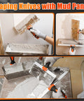 Taping knives with mud pan showing drywall application process.