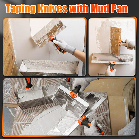 Taping knives with mud pan showing drywall application process.