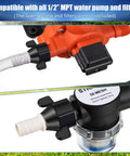 1/2 Inch To 14 NPT Barb Elbow And Straight Swivel RV Water Pump Fittings With Thread Seal Tape Female Threaded Pex For Strainer 360 Degree Rotating Hose Adapter DIY Friendly Install Fits Most Pumps attached to RV water pump and strainer